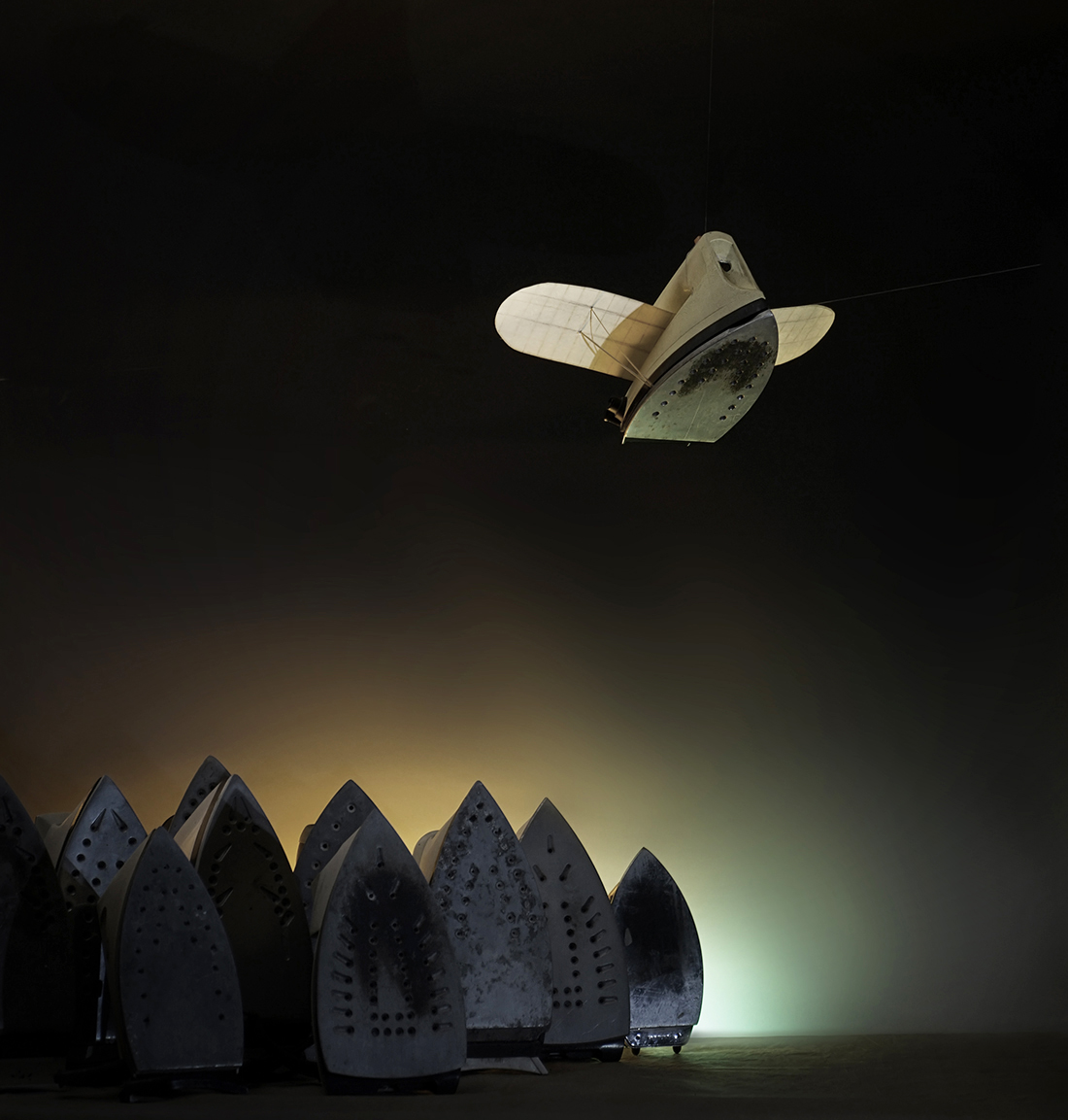 Surrealism, dream, iron, ironing, escape, flying, impossible, flight, vintage airplane, wings, surreal iron